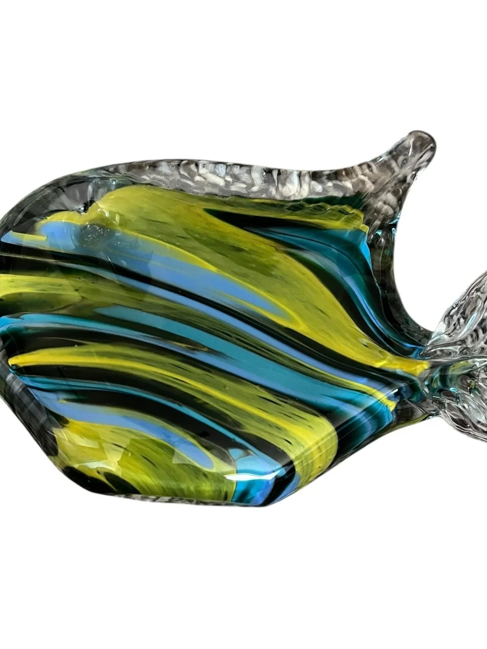 Schroders Hand Blown Art Glass Multicolor Blue Fish Paperweight Decor 6” Signed